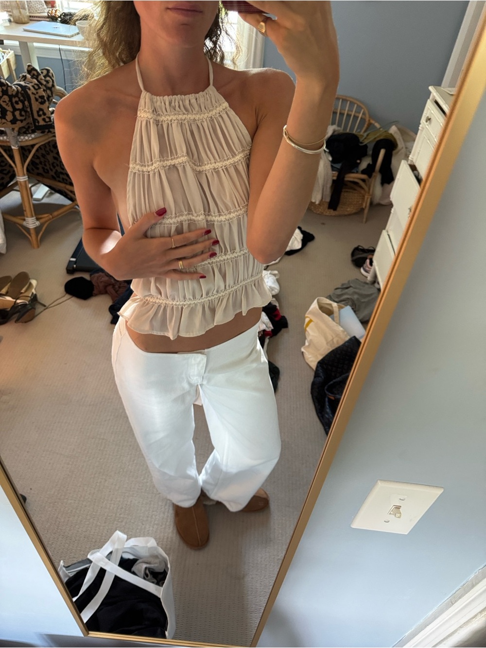 Smocked Halter Ruffle Crop Top in Cream